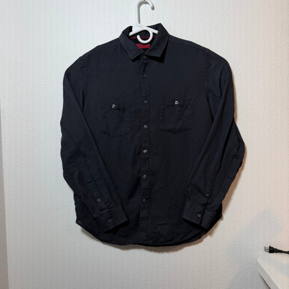 Alfani Mens Slim Fit Long Sleeve Button Down Shirt Black Charcoal Medium M